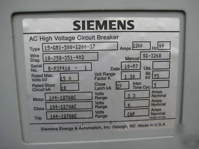 Siemens 1200 amp a 15KV type 15 gmi 500 1200 37 
