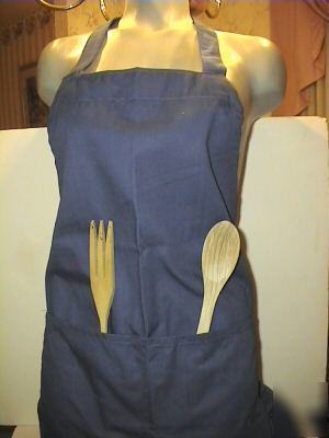 New 3 blue kitchen aprons-restaurant cotton bib pockets- 