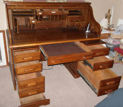 Large oak roll-top computer desk