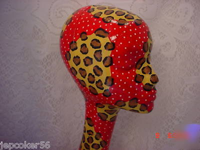 Tall mannequin head red & leopard print hat wig display