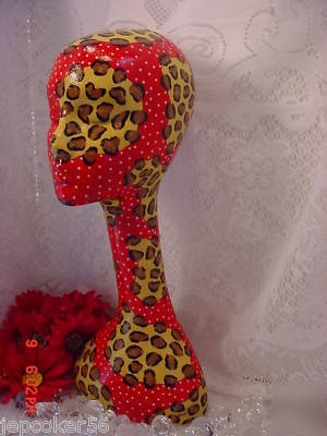 Tall mannequin head red & leopard print hat wig display